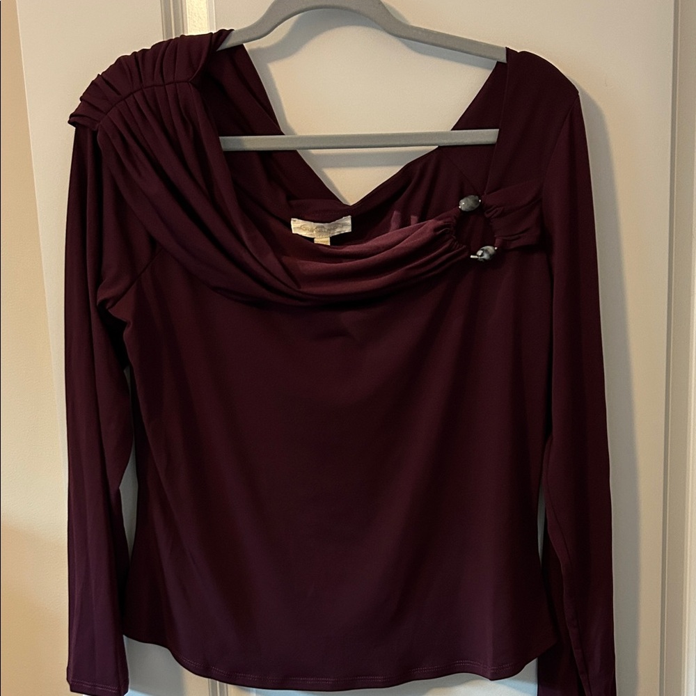 NWT Adrienne Landau Asymmetrical Draped-Collar Long-Sleeved Blouse w/Gray Beads